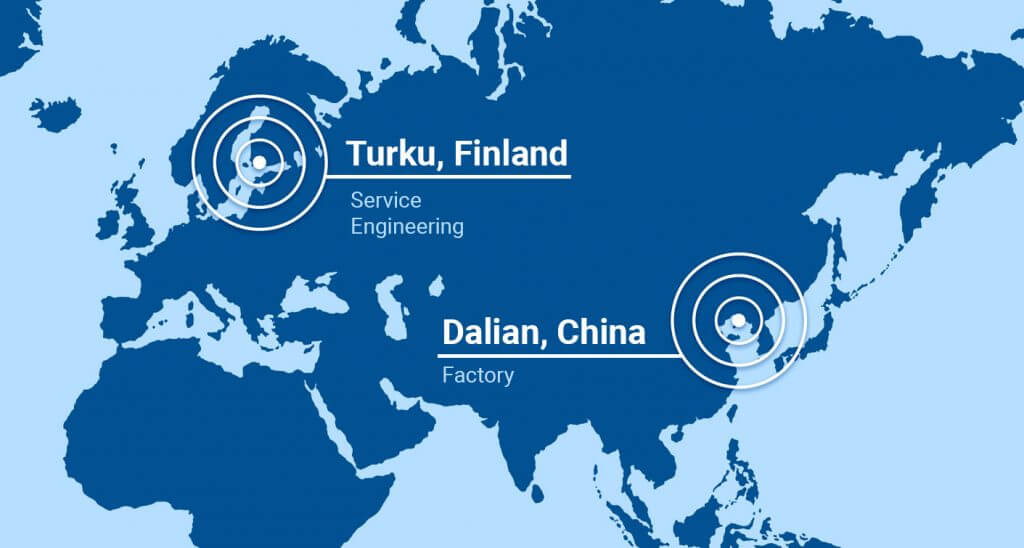 world map showing the locations of turku, finland and dalian, china